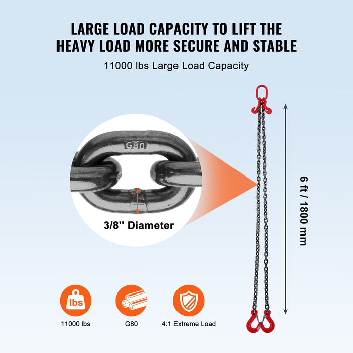 VEVOR Chain Sling, 10 mm x 180 cm Lifting Chains with Hooks, G80 Engine Chain Hoist Lifts, 5 Ton Lifting Sling Chains for Engine Hoist, Engine Lift Chain with 2 Leg Grab Hooks and Adjusters Heavy Duty