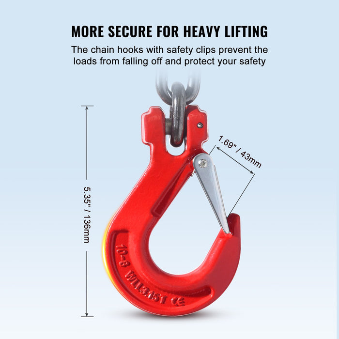 VEVOR Chain Sling, 10 mm x 180 cm Lifting Chains with Hooks, G80 Engine Chain Hoist Lifts, 5 Ton Lifting Sling Chains for Engine Hoist, Engine Lift Chain with 2 Leg Grab Hooks and Adjusters Heavy Duty
