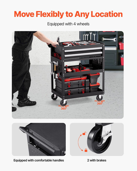 5-Tier Tool Cart with Wheels, 400 lbs Load Capacity, Rolling Work Cart with 2 Drawers & Pegboard, Mechanic Tool Storage Organizer with Locking System for Garage, Warehouse and Repair Shop, Black