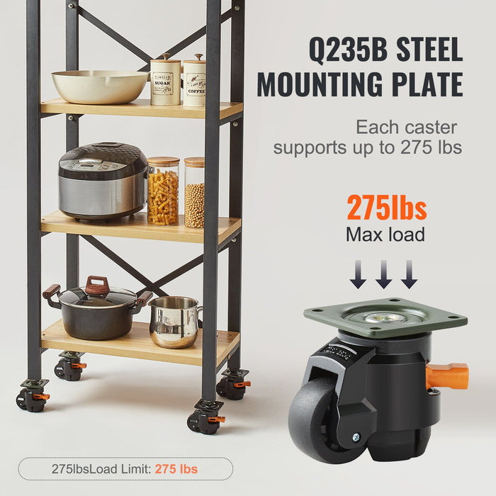 VEVOR Leveling Casters, Set of 4, 500 kg Total Load Capacity, 50.8 mm, Heavy Duty with Upgraded Handle Design, 360 Degree Swivel Caster Wheels, Adjustable Casters with Feet for Workbench, Machine