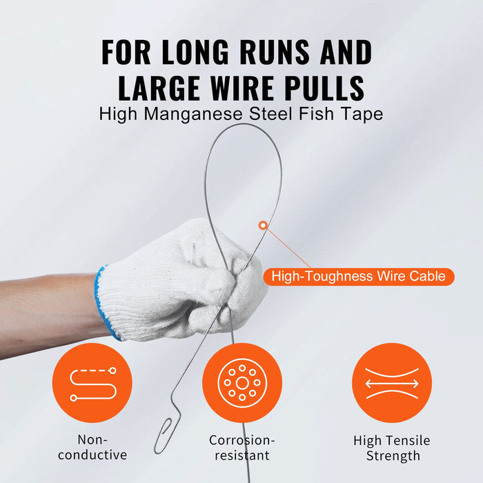 VEVOR Fish Tape, 36.58 m, 3 mm, Steel Wire Puller with Optimized Housing and Handle, Easy-to-Use Cable Puller Tool, Flexible Wire Fishing Tools for Walls and Electrical Conduit, Non-Conductive
