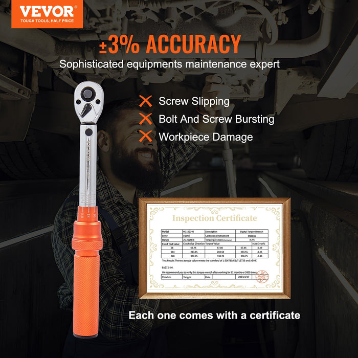 VEVOR Torque Wrench Adjustable Torque Wrench 1/4" Drive 20-200in.lb/2.3-23Nm