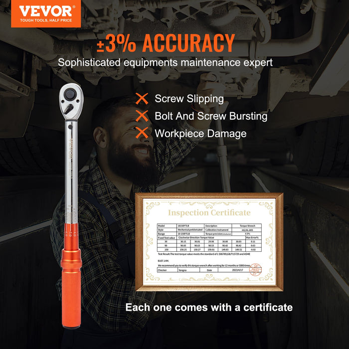 VEVOR Torque Wrench Adjustable Torque Wrench 1/2" Drive 10-150ft.lb/14-204n.m