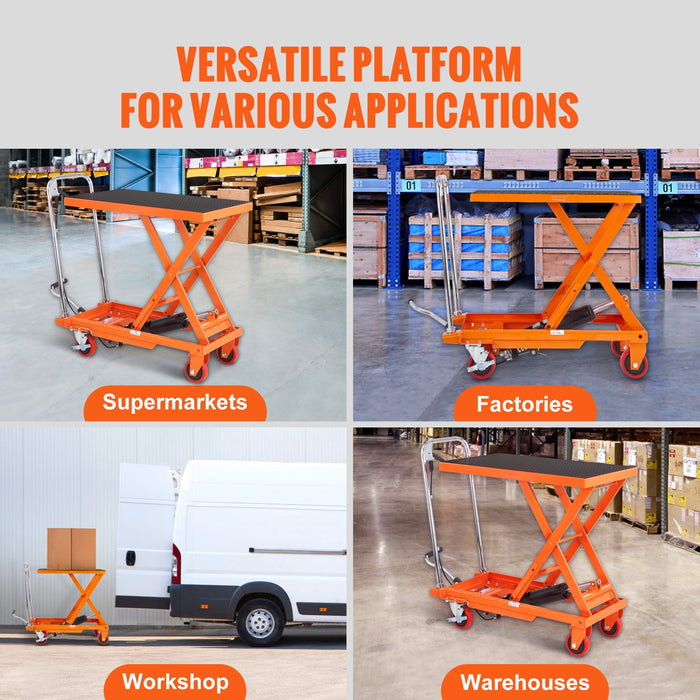 VEVOR Hydraulic Lift Table Cart, 500lbs Capacity 28.5" Lifting Height, Manual Single Scissor Lift Table with 4 Wheels and Non-slip Pad, Hydraulic Scissor Cart for Material Handling, Orange