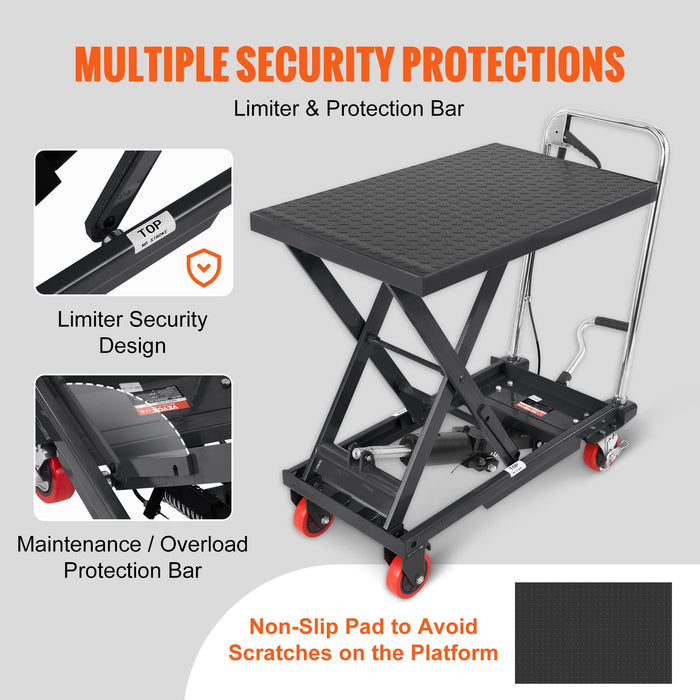 VEVOR Hydraulic Lift Table Cart, 330lbs Capacity 28.5" Lifting Height, Manual Single Scissor Lift Table with 4 Wheels and Non-slip Pad, Hydraulic Scissor Cart for Material Handling, Black