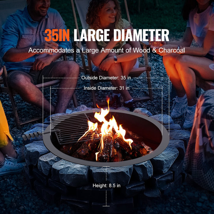 VEVOR Fire Pit Ring, Fire Pit Insert with Barbecue Fire Ring, 35-In Outer/31-In Inner Diameter, 8.5in Height, Carbon Steel Liner DIY Campfire Ring above/In-Ground, for Outdoor Camping, Bonfires