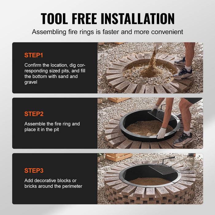 VEVOR Fire Pit Ring, Fire Pit Insert with Barbecue Fire Ring, 35-In Outer/31-In Inner Diameter, 8.5in Height, Carbon Steel Liner DIY Campfire Ring above/In-Ground, for Outdoor Camping, Bonfires
