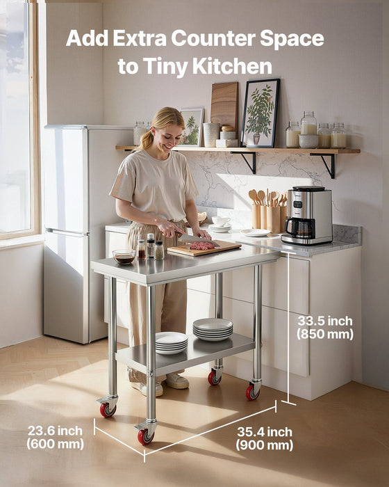 Stainless Steel Table, 60 x 90 cm Food Prep Worktable with Wheels, Kitchen Prep Table with Adjustable Undershelf Workstations for Commercial Kitchen, Restaurant, Hotel and Garage, Outdoor