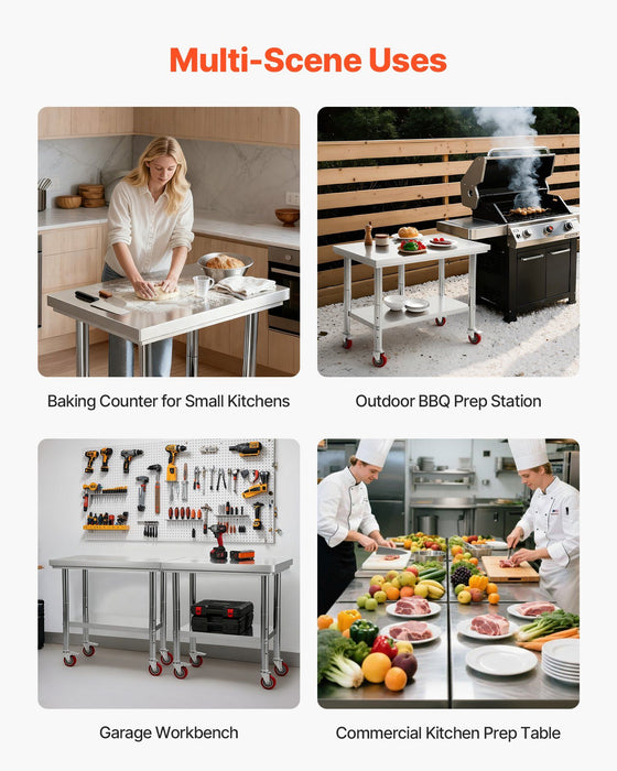 Stainless Steel Table, 60 x 90 cm Food Prep Worktable with Wheels, Kitchen Prep Table with Adjustable Undershelf Workstations for Commercial Kitchen, Restaurant, Hotel and Garage, Outdoor