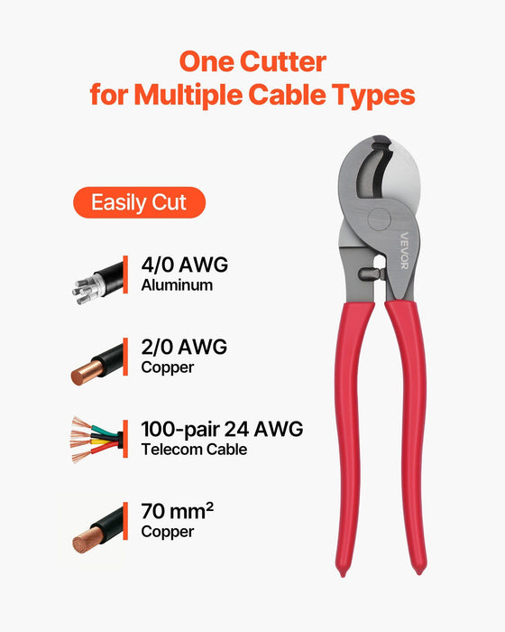 High Leverage Cable Cutter, 235 mm Compact, Forged Blades and PVC-Coated Handles, Heavy Duty Cable Cutting Pliers Tool for 4/0 AWG Aluminum, 2/0 AWG Soft Copper and 100-Pair 24AWG Comm Cable