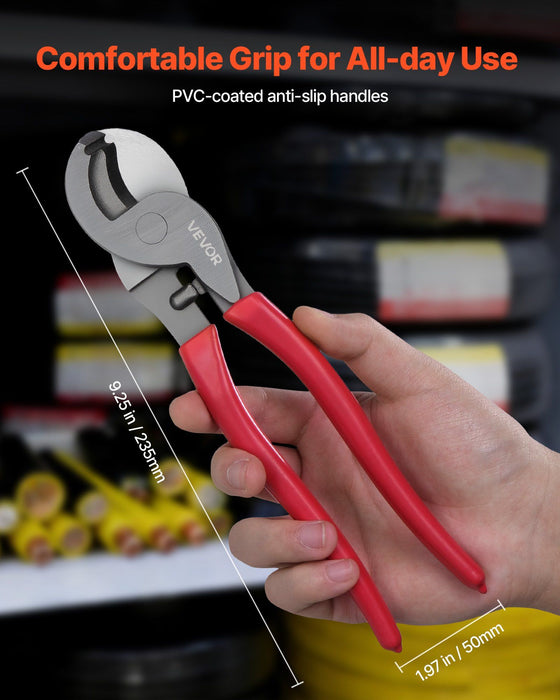 High Leverage Cable Cutter, 235 mm Compact, Forged Blades and PVC-Coated Handles, Heavy Duty Cable Cutting Pliers Tool for 4/0 AWG Aluminum, 2/0 AWG Soft Copper and 100-Pair 24AWG Comm Cable