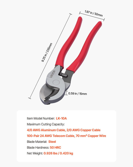 High Leverage Cable Cutter, 235 mm Compact, Forged Blades and PVC-Coated Handles, Heavy Duty Cable Cutting Pliers Tool for 4/0 AWG Aluminum, 2/0 AWG Soft Copper and 100-Pair 24AWG Comm Cable