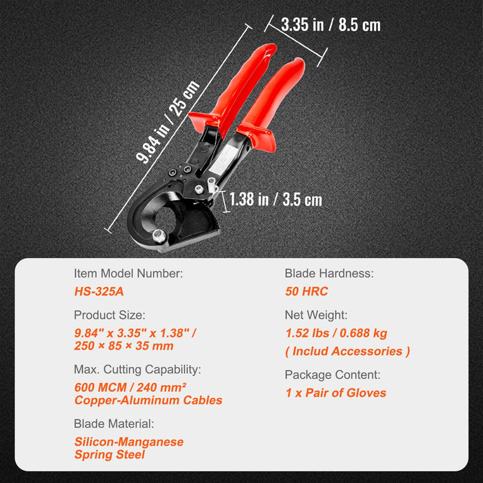 VEVOR Ratcheting Cable Cutter, 250mm Ratchet Wire and Cable Cutter, Cut up to 240 mm², with Comfortable Grip Handles, Easy to Use Quick-Release Lever, Silicon-Manganese Spring Steel Blade
