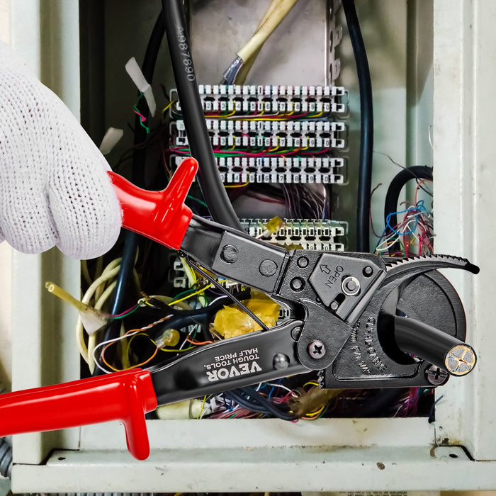 VEVOR Ratcheting Cable Cutter, 250mm Ratchet Wire and Cable Cutter, Cut up to 240 mm², with Comfortable Grip Handles, Easy to Use Quick-Release Lever, Silicon-Manganese Spring Steel Blade