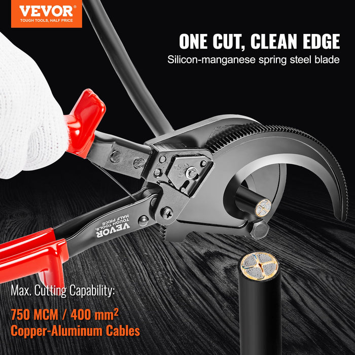 VEVOR Ratcheting Cable Cutter, 280mm Ratchet Wire and Cable Cutter, Cut up to 400 mm², with Comfortable Grip Handles, Easy to Use Quick-Release Lever, Silicon-Manganese Spring Steel Blade