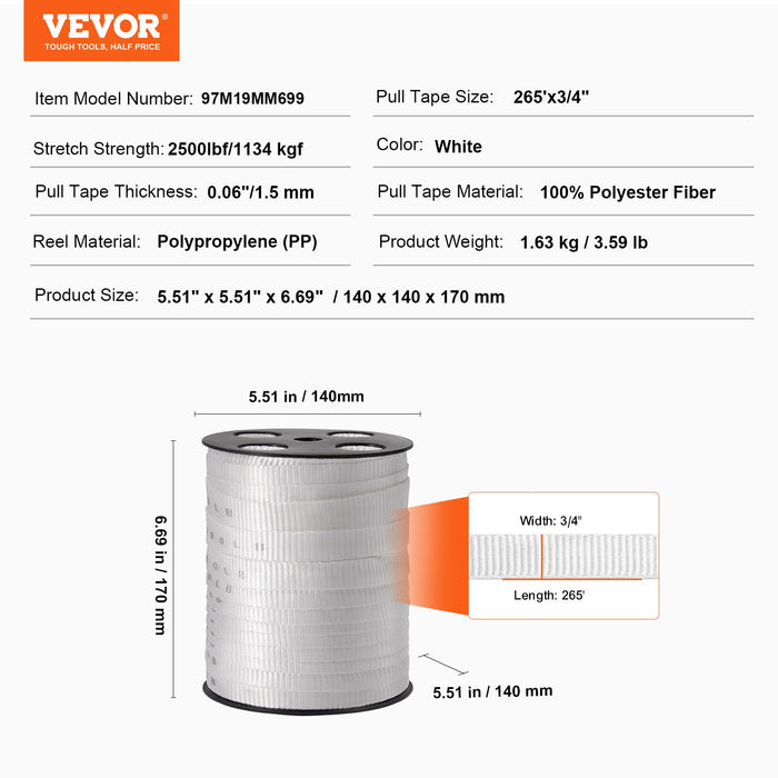 VEVOR Polyester Pull Tape, 1.9 cm x 80.8 m Mule Tape Flat Rope, 1134 kgf Tensile Capacity, Printed Webbing Cable Pulling Tape for Packaging, Gardening, Commercial Electrical, Conduit Work, White
