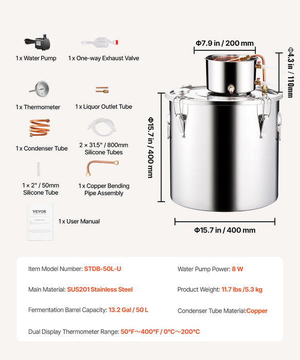 VEVOR Moonshine Still 13 Gal Water Alcohol Distiller Brewing Kit Stainless Steel