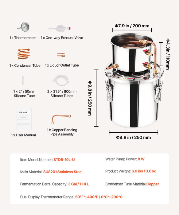 VEVOR Moonshine Still 3 Gal Water Alcohol Distiller Brewing Kit Stainless Steel