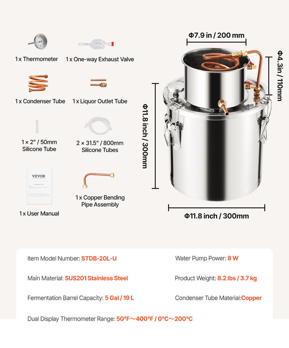 VEVOR Moonshine Still 5 Gal Water Alcohol Distiller Brewing Kit Stainless Steel