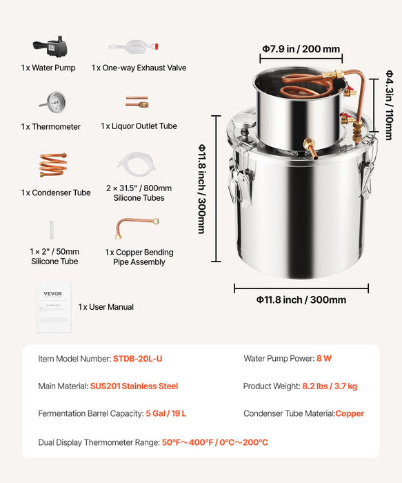 VEVOR Moonshine Still 5 Gal Water Alcohol Distiller Brewing Kit Stainless Steel
