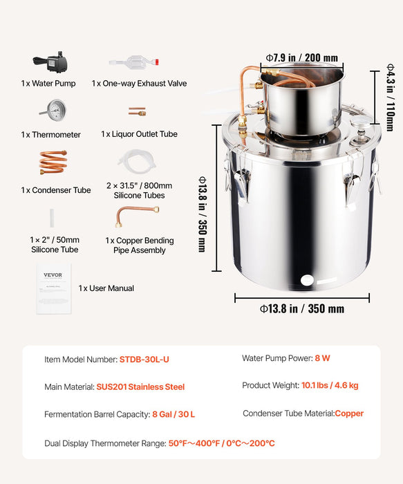 VEVOR Moonshine Still 8 Gal Water Alcohol Distiller Brewing Kit Stainless Steel