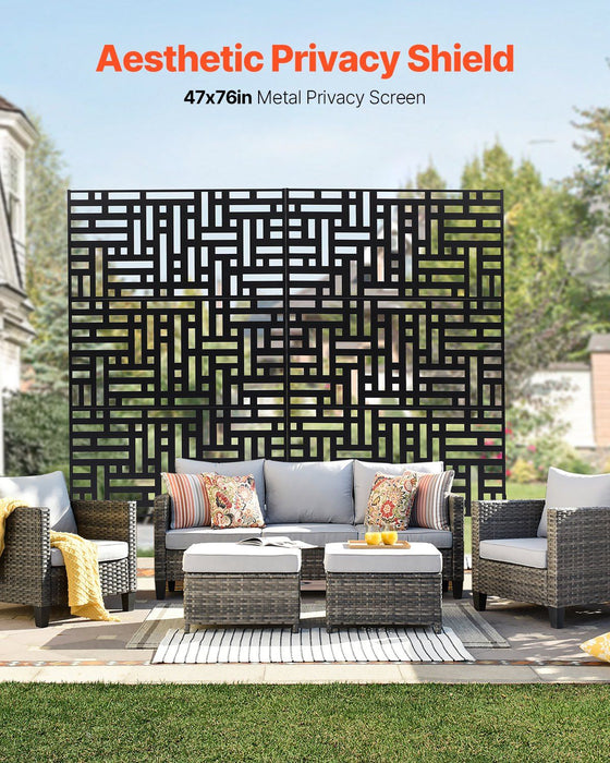 Metal Privacy Screen, 120 x 193cm, Outdoor Privacy Screens 3-Panel, Freestanding Outdoor Divider with Stand, Decorative Garden Steel Privacy Fence for Balcony Patio Indoor Room Hot Tub Black