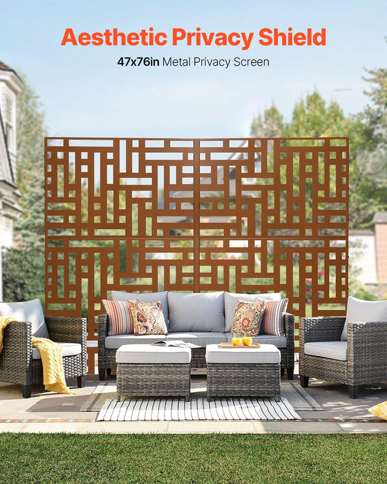 Metal Privacy Screen, 120 x 193cm, Outdoor Privacy Screens 3-Panel, Freestanding Outdoor Divider with Stand, Decorative Garden Steel Privacy Fence for Balcony Patio Indoor Room Hot Tub Brown