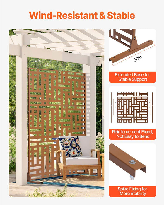 Metal Privacy Screen, 120 x 193cm, Outdoor Privacy Screens 3-Panel, Freestanding Outdoor Divider with Stand, Decorative Garden Steel Privacy Fence for Balcony Patio Indoor Room Hot Tub Brown