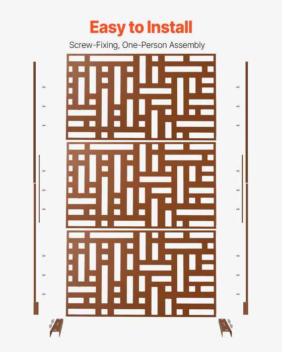 Metal Privacy Screen, 120 x 193cm, Outdoor Privacy Screens 3-Panel, Freestanding Outdoor Divider with Stand, Decorative Garden Steel Privacy Fence for Balcony Patio Indoor Room Hot Tub Brown