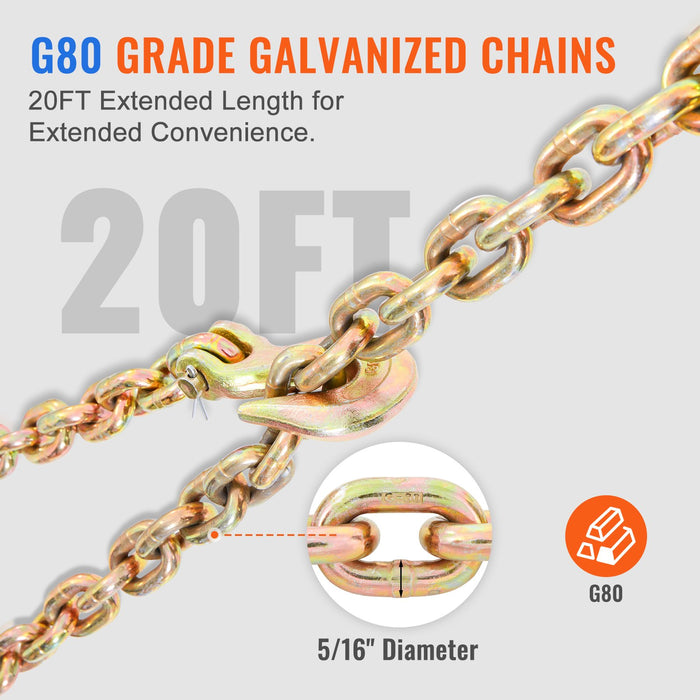 VEVOR Ratchet Chain Binder 5/16"-3/8" Load Binders 7100 lbs w/ G80 Chains 4 Pcs