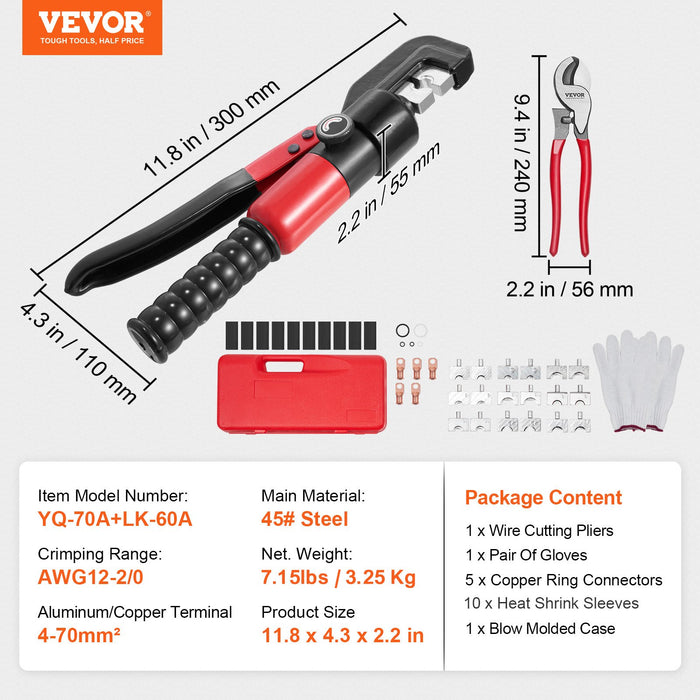 VEVOR Hydraulic Crimping Tool with 9 Sets of  Dies AWG12-2/0 Copper And Aluminum Terminal Battery Lug Crimper, with a Cutting Pliers, Gloves, 5pcs Copper Ring Connectors, 8pcs Heat Shrink Sleeves