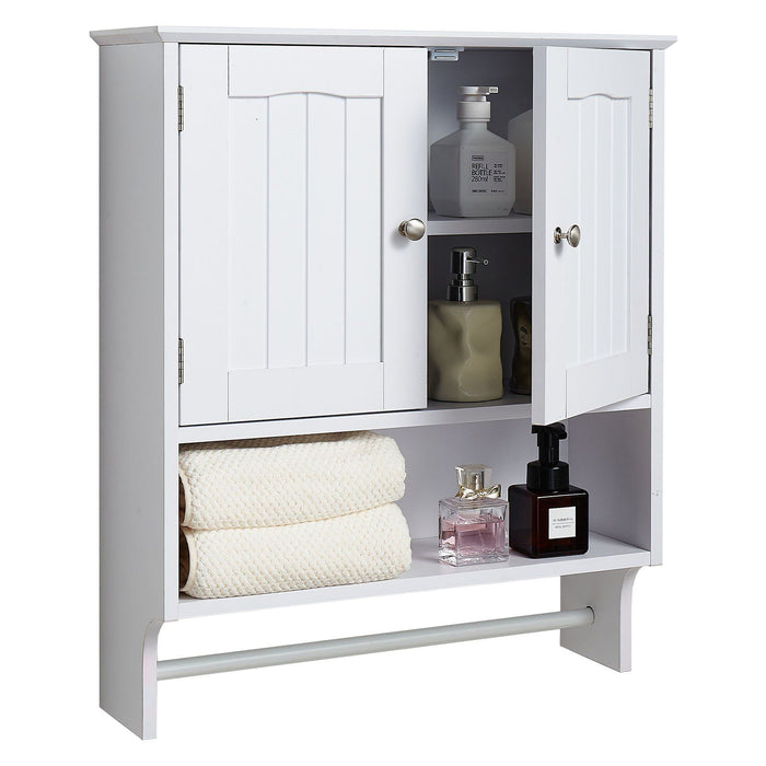 Bathroom Wall Cabinet, 2 Doors and Adjustable Shelf, Over the Toilet Storage Medicine Cabinet Wall Mounted, Hanging Organizer with Open Partition and Towel Bar for Laundry Room Kitchen, White