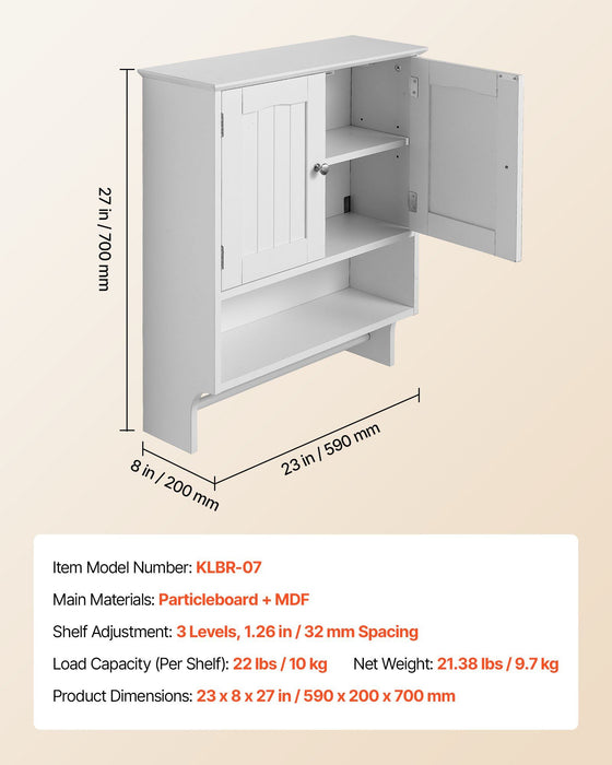 Bathroom Wall Cabinet, 2 Doors and Adjustable Shelf, Over the Toilet Storage Medicine Cabinet Wall Mounted, Hanging Organizer with Open Partition and Towel Bar for Laundry Room Kitchen, White