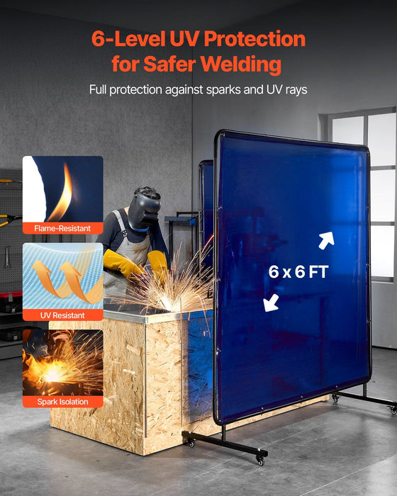 Welding Screen with Frame, 1.74 x 1.74 m Welding Curtain Screen, Flame-Resistant Vinyl Protection Screens with Lockable Swivel Wheels & 6-Level UV Protection for Workshop/Industrial Use, Blue