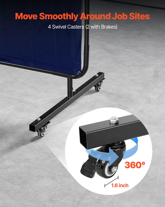 Welding Screen with Frame, 1.74 x 1.74 m Welding Curtain Screen, Flame-Resistant Vinyl Protection Screens with Lockable Swivel Wheels & 6-Level UV Protection for Workshop/Industrial Use, Blue