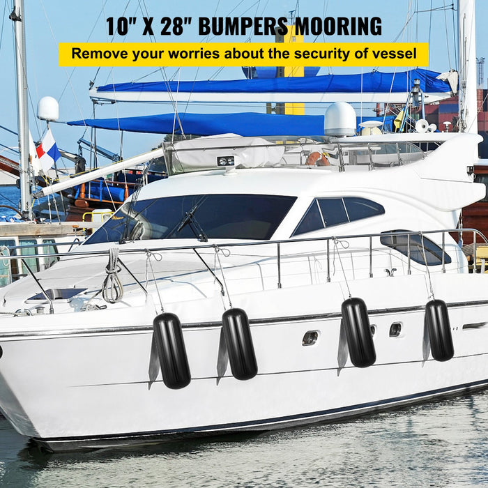 VEVOR 4 Ribbed Boat Fenders 10X 28" Black Center Hole Bumpers Mooring Protection