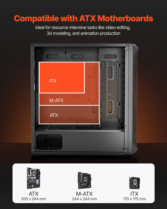 VEVOR PC Gaming Case, Mid-Tower, Computer Case with High-Airflow Tempered Glass Panel, Dust Filter, 4 x 120 mm Fans, Cable Management, for GPU up to 270 mm in Length, Compatible with ATX/M-ATX/ITX