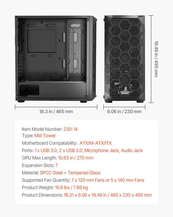 VEVOR PC Gaming Case, Mid-Tower, Computer Case with High-Airflow Tempered Glass Panel, Dust Filter, 4 x 120 mm Fans, Cable Management, for GPU up to 270 mm in Length, Compatible with ATX/M-ATX/ITX