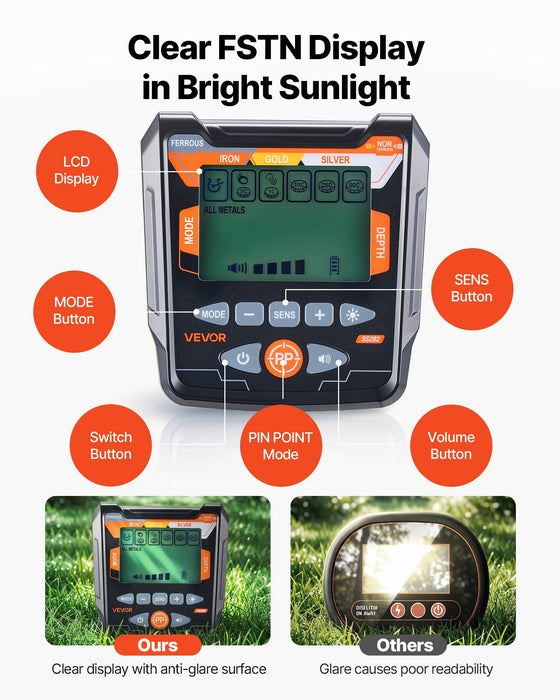 Metal Detector for Adults, 254 mm, Professional High Accuracy Gold Detector, IP68 Waterproof Search Coil with Display, Headphones, 5 Modes, Adjustable Length, for Detecting Gold Treasure Hunting