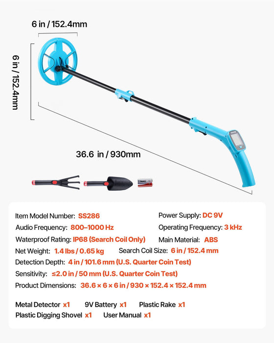 Metal Detector, 101.6 mm, Lightweight Metal Detector with LCD Display, 152.4 mm IP68 Waterproof Search Coil, Adjustable 650-930 mm Gold Detector, Easy to Use, for Detecting Gold Exploration