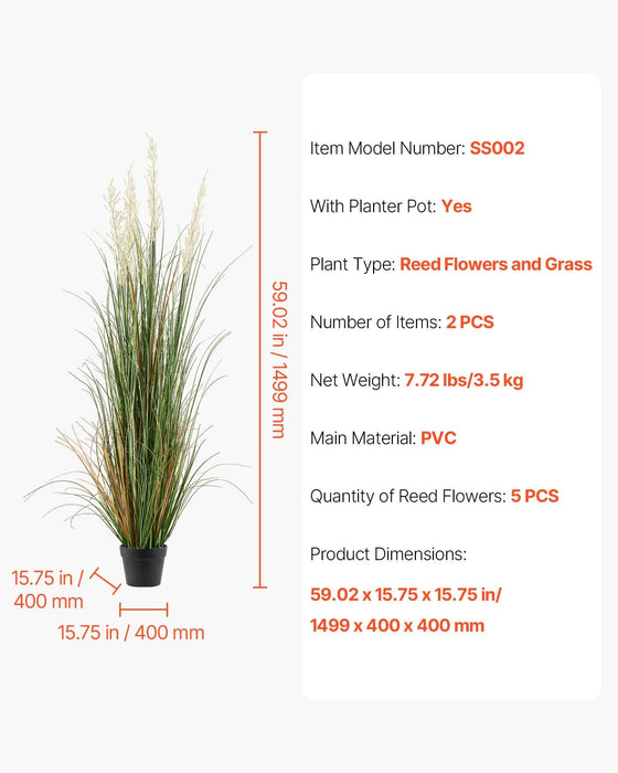 Artificial Grass Plant, 2 Pack 1499mm Faux Reed Flower Grass in Pot, Premium PVC Fake Greenery Shrubs Plant for Indoor Outdoor House Home Garden Office Room Décor, Housewarming, Green