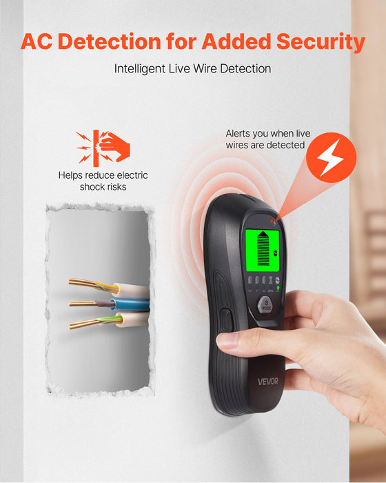 VEVOR Stud Finder Wall Scanner, 5 in 1, Electronic Wall Stud Detector with Smart Sensor, High-Definition LCD Display and Audio Alarm, for the Center and Edge of Metal, AC Wire, Joists, Pipes, Black