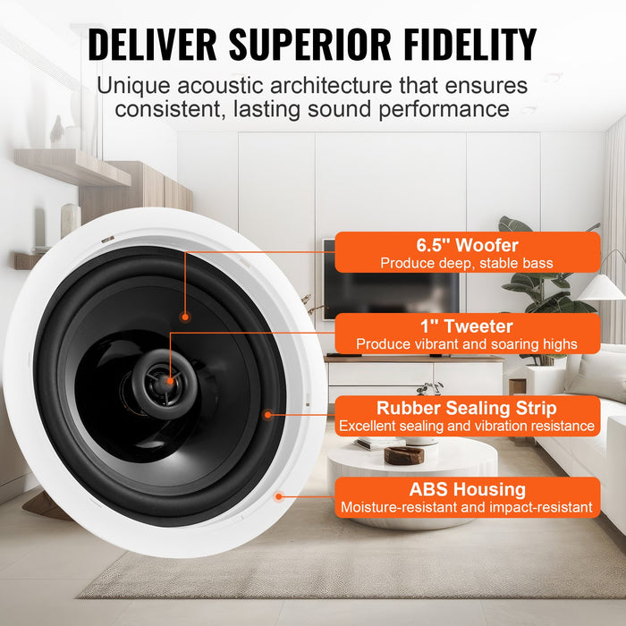 VEVOR 165.1 mm in Ceiling Speakers, 150-Watts, Flush Mount Ceiling & in-Wall Speakers System with 8ΩImpedance 89dB Sensitivity, for Home Kitchen Living Room Bedroom or Covered Outdoor Porches, Single