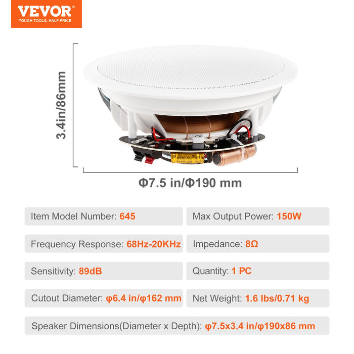 VEVOR 165.1 mm in Ceiling Speakers, 150-Watts, Flush Mount Ceiling & in-Wall Speakers System with 8ΩImpedance 89dB Sensitivity, for Home Kitchen Living Room Bedroom or Covered Outdoor Porches, Single