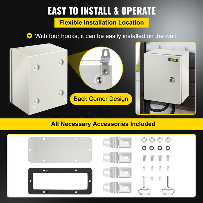 VEVOR NEMA Steel Enclosure, 25 x 20 x 15 cm NEMA 4X Steel Electrical Box, IP66 Waterproof & Dustproof, Outdoor/Indoor Electrical Junction Box, with Mounting Plate