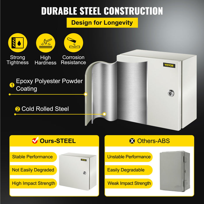 VEVOR NEMA Steel Enclosure, 12 x 12 x 6''steel electrical box
electrical enclosur NEMA 4X Steel Electrical Box, IP66 Waterproof & Dustproof, Outdoor/Indoor Electrical Junction Box, with Mounting Plat
