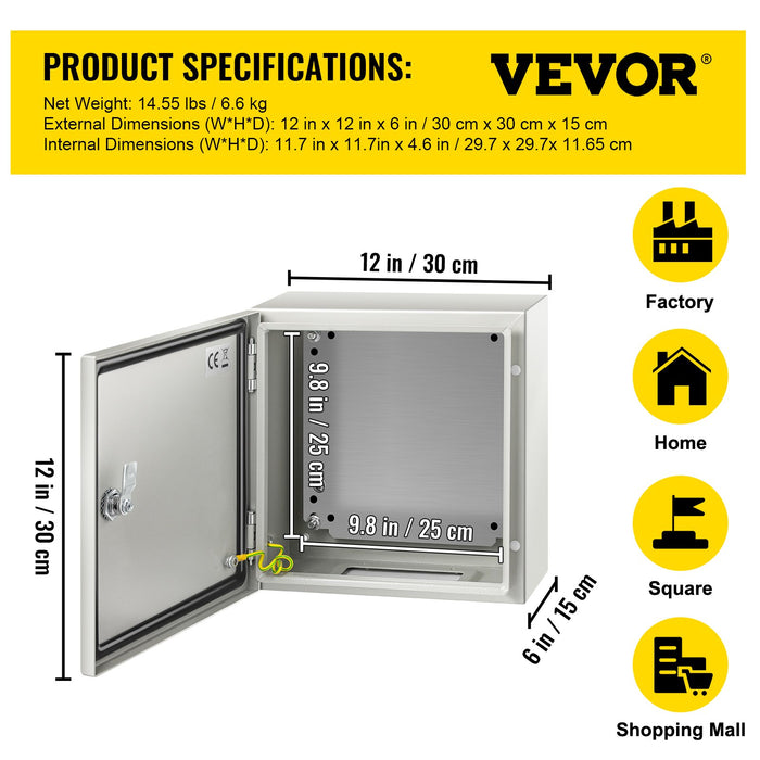 VEVOR NEMA Steel Enclosure, 12 x 12 x 6''steel electrical box
electrical enclosur NEMA 4X Steel Electrical Box, IP66 Waterproof & Dustproof, Outdoor/Indoor Electrical Junction Box, with Mounting Plat