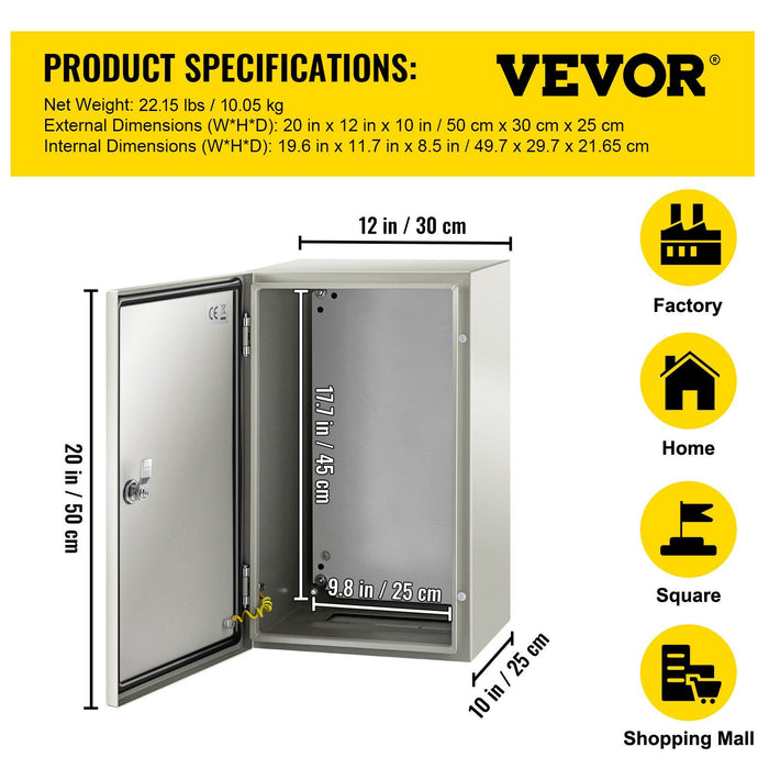 NEMA Steel Enclosure, 20 x 12 x 10\'\' NEMA 4X Steel Electrical Box, IP66 Waterproof & Dustproof, Outdoor/Indoor Electrical Junction Box, with Mounting Plate