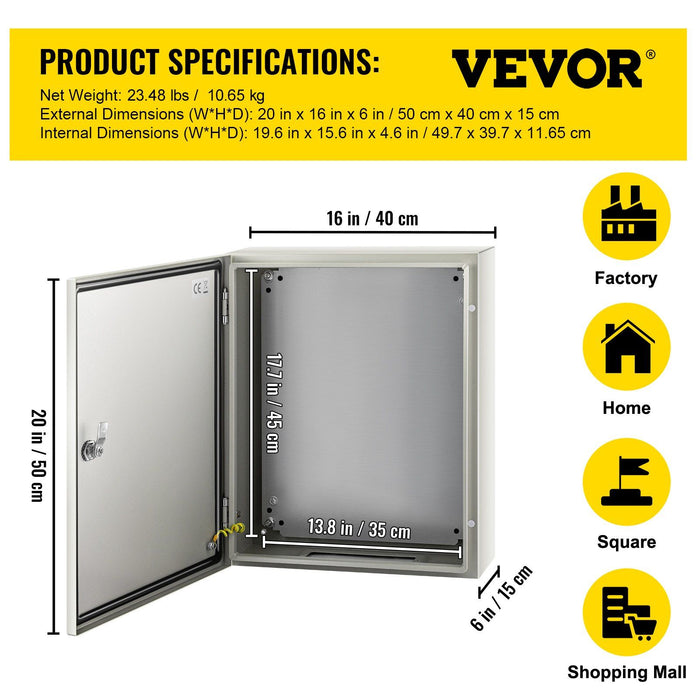 NEMA Steel Enclosure, 50 x 40 x 15 cm NEMA 4X Steel Electrical Box, IP66 Waterproof & Dustproof, Outdoor/Indoor Electrical Junction Box, with Mounting Plate