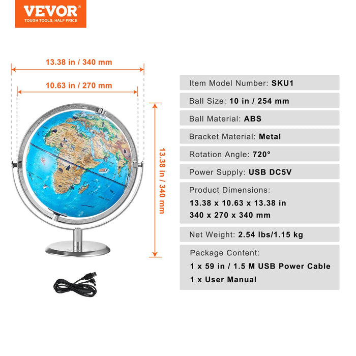 VEVOR Educational Globe for Kids, 254 mm, Interactive AR World Globe with AR Golden Globe APP LED Night Lighting Rotation, STEM Toy Gifts for Kids Compatible with Android or iOS Devices